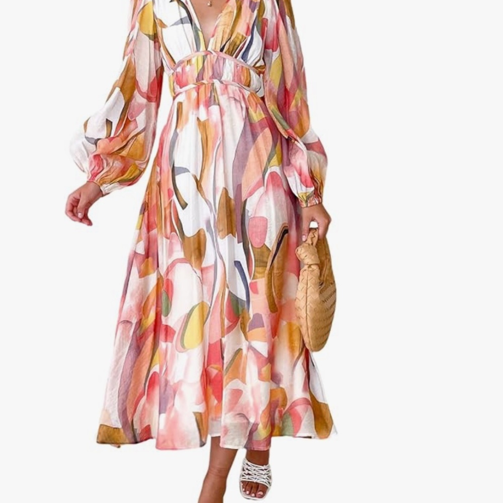 Women's Fall Boho Maxi Dress Casual Long‎ Sleeve V Neck Beach Flowy Dresse SZ M - Picture 6 of 6